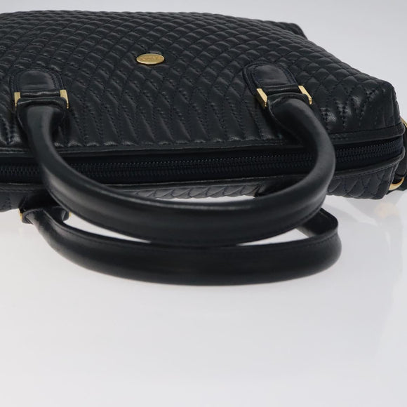 BALLY Hand Bag Leather Navy Gold Auth 119027
