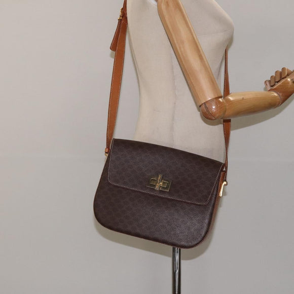CELINE Macadam Canvas Shoulder Bag PVC Brown Gold Auth 119057