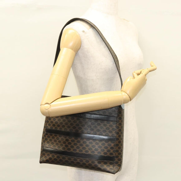 CELINE Macadam Canvas Shoulder Bag PVC Leather Black Gold Auth 119071