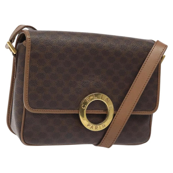 CELINE Macadam Canvas Shoulder Bag PVC Leather Brown Gold Auth 119072