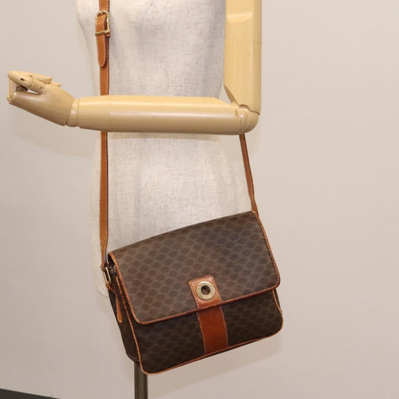 CELINE Macadam Canvas Shoulder Bag PVC Leather Brown Gold Auth 119165