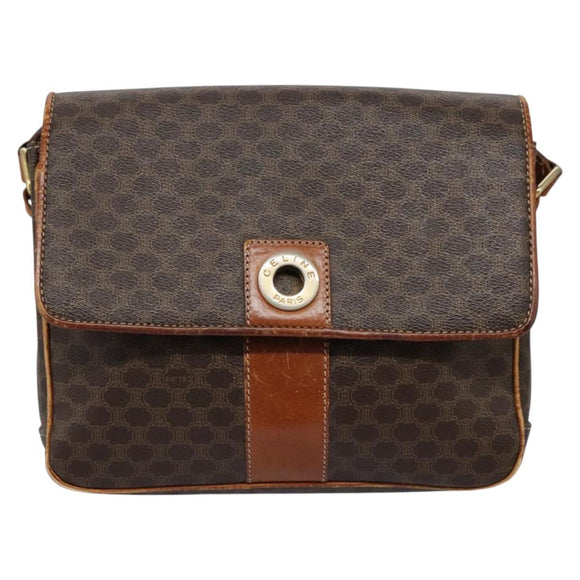 CELINE Macadam Canvas Shoulder Bag PVC Leather Brown Gold Auth 119165