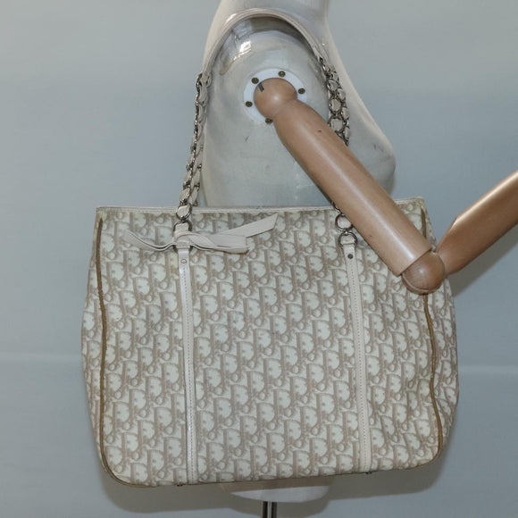 Christian Dior Romantic Chain Trotter Canvas Shoulder Bag PVC Beige Auth 119181