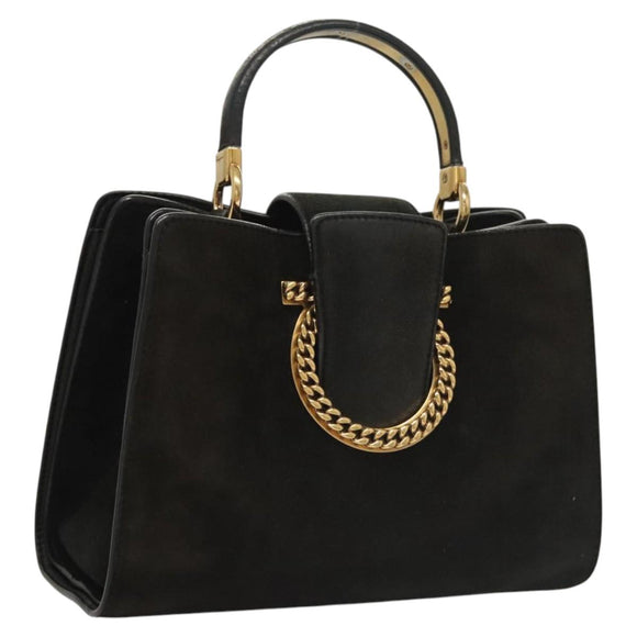Salvatore Ferragamo Gancini Hand Bag Suede Gold Black Auth 119192