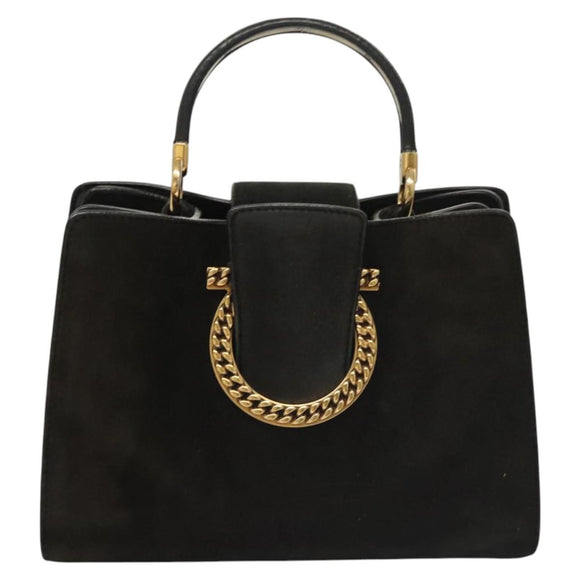 Salvatore Ferragamo Gancini Hand Bag Suede Gold Black Auth 119192