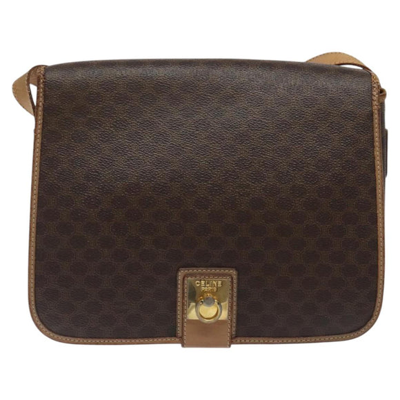 CELINE Macadam Canvas Umhängetasche PVC Leder Braun Gold Auth 119211