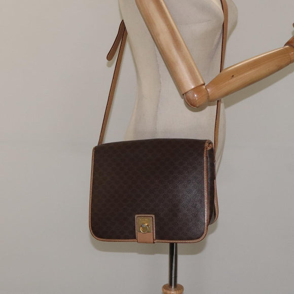 CELINE Macadam Canvas Shoulder Bag PVC Leather Brown Gold Auth 119211