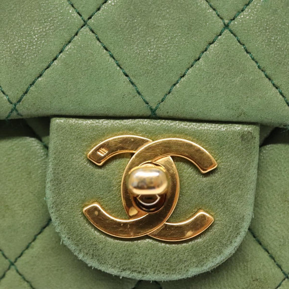 CHANEL Matelasse Chain Shoulder Bag Lamb Skin Green Gold CC Auth 119235