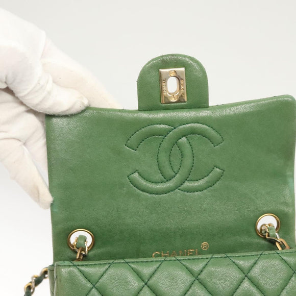 CHANEL Matelasse Chain Shoulder Bag Lamb Skin Green Gold CC Auth 119235