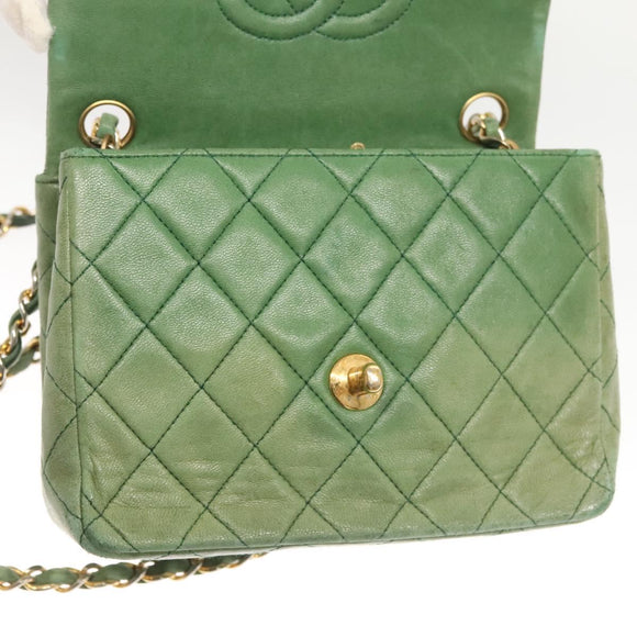 CHANEL Matelasse Chain Shoulder Bag Lamb Skin Green Gold CC Auth 119235