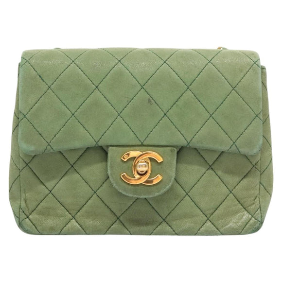 CHANEL Matelasse Chain Shoulder Bag Lamb Skin Green Gold CC Auth 119235