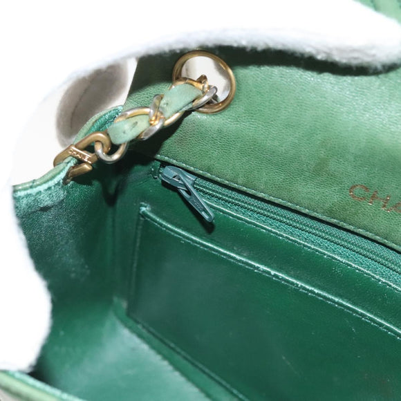 CHANEL Matelasse Chain Shoulder Bag Lamb Skin Green Gold CC Auth 119235