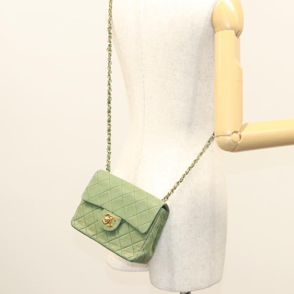 CHANEL Matelasse Chain Shoulder Bag Lamb Skin Green Gold CC Auth 119235