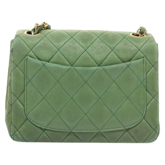 CHANEL Matelasse Chain Shoulder Bag Lamb Skin Green Gold CC Auth 119235