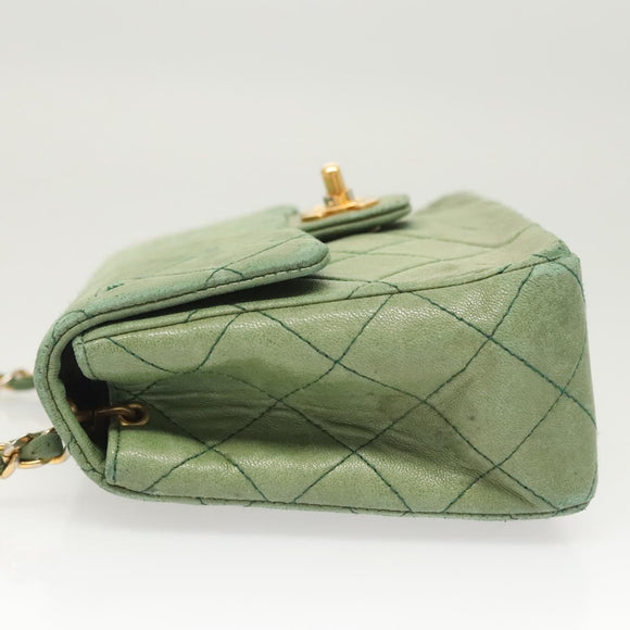 CHANEL Matelasse Chain Shoulder Bag Lamb Skin Green Gold CC Auth 119235
