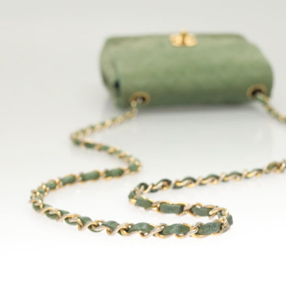 CHANEL Matelasse Chain Shoulder Bag Lamb Skin Green Gold CC Auth 119235