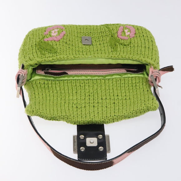 FENDI Mamma Baguette Shoulder Bag Wool Green Silver Auth 119238SV