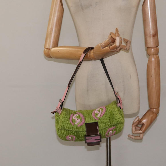 FENDI Mamma Baguette Shoulder Bag Wool Green Silver Auth 119238SV