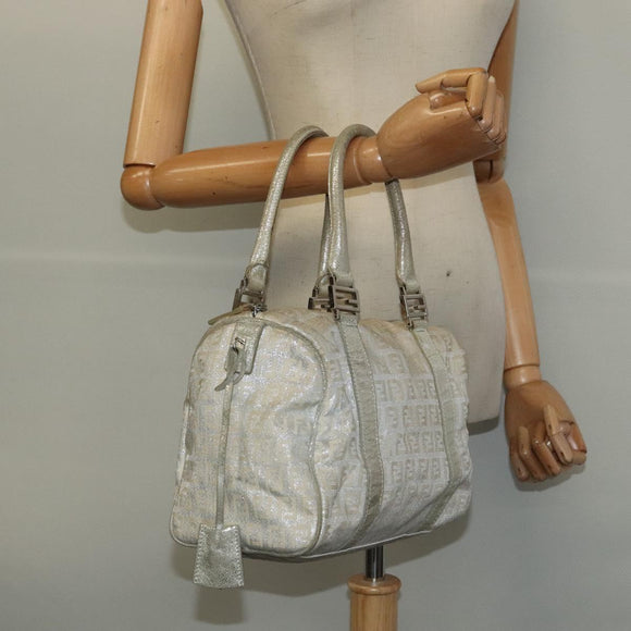 FENDI Zucchino Canvas Hand Bag Silver Auth 119320