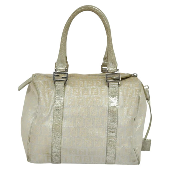 FENDI Zucchino Canvas Hand Bag Silver Auth 119320
