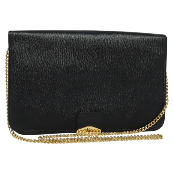Christian Dior Chain Shoulder Bag Leather Navy Gold Auth 119333