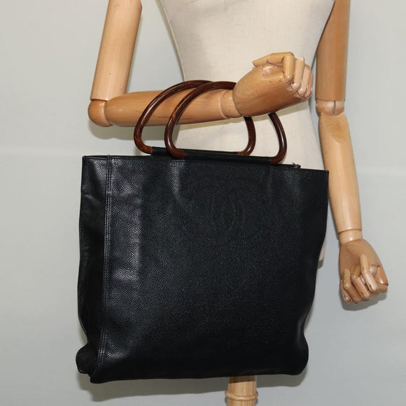 CHANEL COCO Mark Hand Bag Caviar Skin Black Gold CC Auth 119391