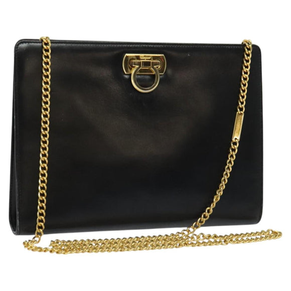 Salvatore Ferragamo Gancini Chain Shoulder Bag Leather Black Gold Auth 119395