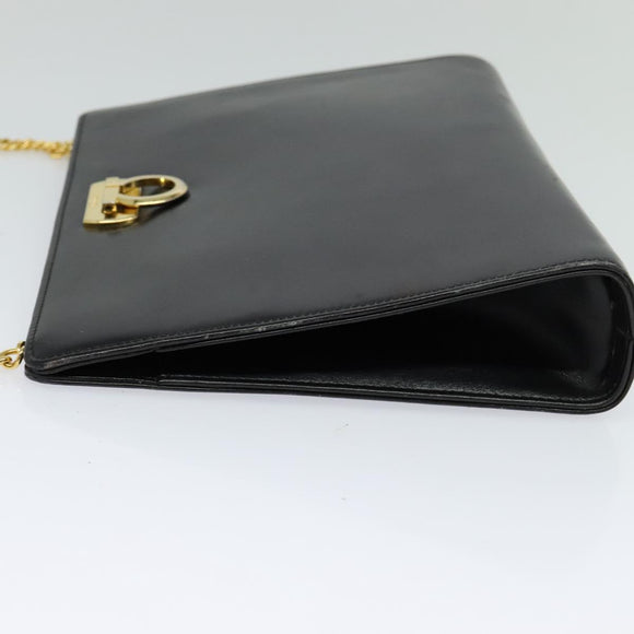 Salvatore Ferragamo Gancini Chain Shoulder Bag Leather Black Gold Auth 119395