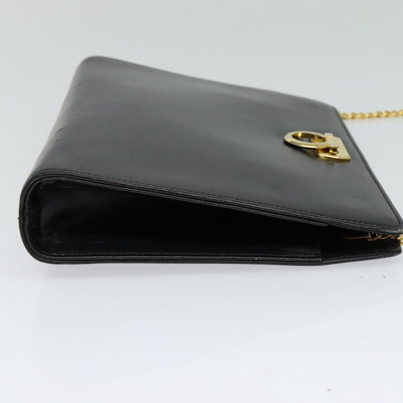 Salvatore Ferragamo Gancini Chain Shoulder Bag Leather Black Gold Auth 119395