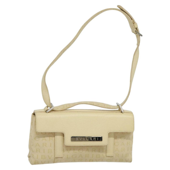 BVLGARI Logogram Shoulder Bag Canvas Beige Silver Auth 119550
