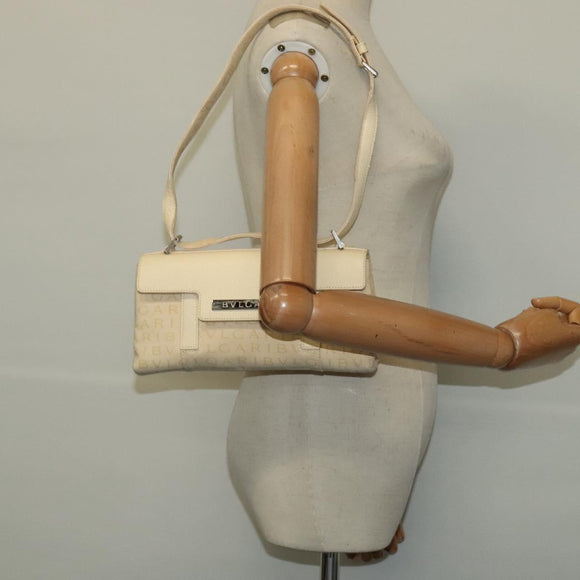 BVLGARI Logogram Shoulder Bag Canvas Beige Silver Auth 119550