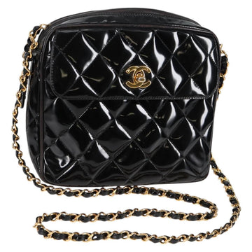 CHANEL Matelasse Chain Shoulder Bag Patent leather Black Gold CC Auth 119551
