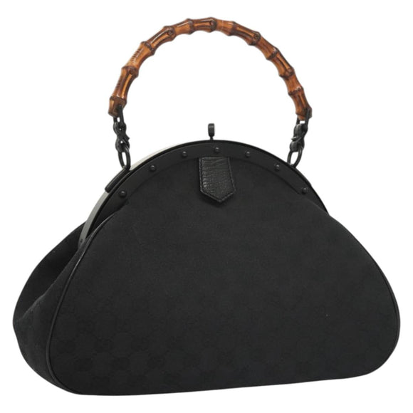 GUCCI GG Canvas Bamboo Push Lock Hand Bag Black Auth 119629A