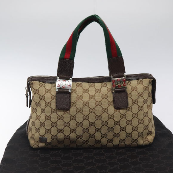 GUCCI GG Canvas Web Sherry Line Hand Bag Beige Silver 145759 Auth 119676