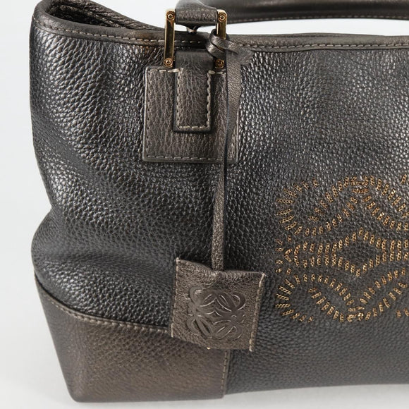 LOEWE Anagram Hand Bag Leather Silver gold Auth 119684AM