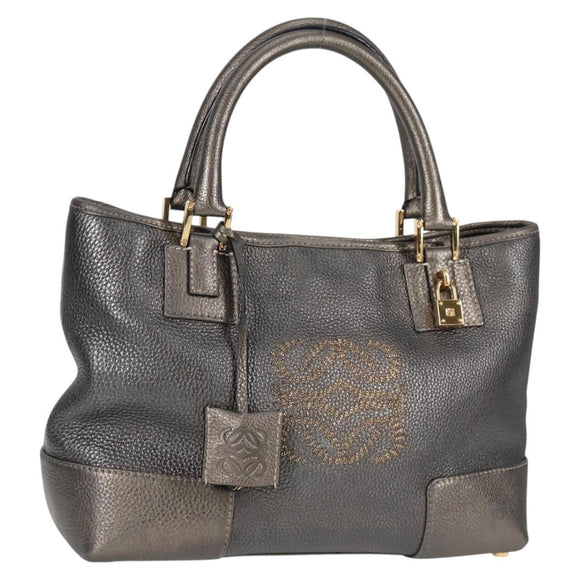 LOEWE Anagram Hand Bag Leather Silver gold Auth 119684AM