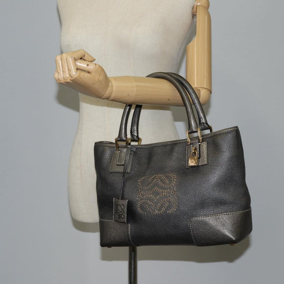 LOEWE Anagram Hand Bag Leather Silver gold Auth 119684AM