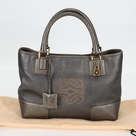 LOEWE Anagram Hand Bag Leather Silver gold Auth 119684AM
