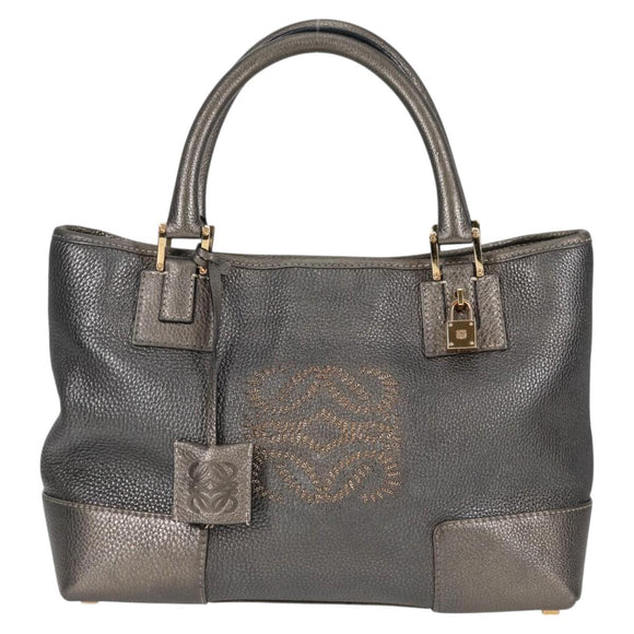 LOEWE Anagram Hand Bag Leather Silver gold Auth 119684AM
