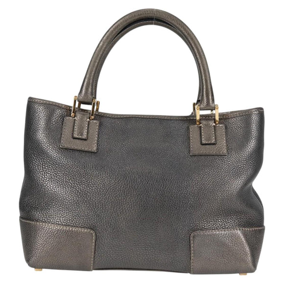 LOEWE Anagram Hand Bag Leather Silver gold Auth 119684AM