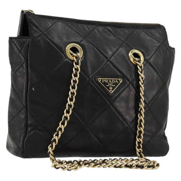 PRADA Quilted Chain Shoulder Bag Lamb Skin Black Gold Auth 119692