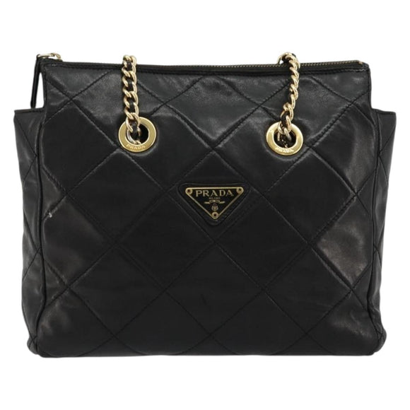 PRADA Quilted Chain Shoulder Bag Lamb Skin Black Gold Auth 119692