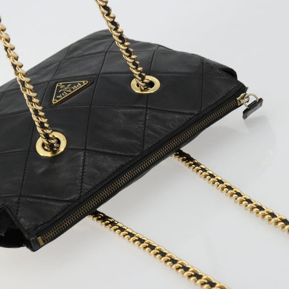 PRADA Quilted Chain Shoulder Bag Lamb Skin Black Gold Auth 119692
