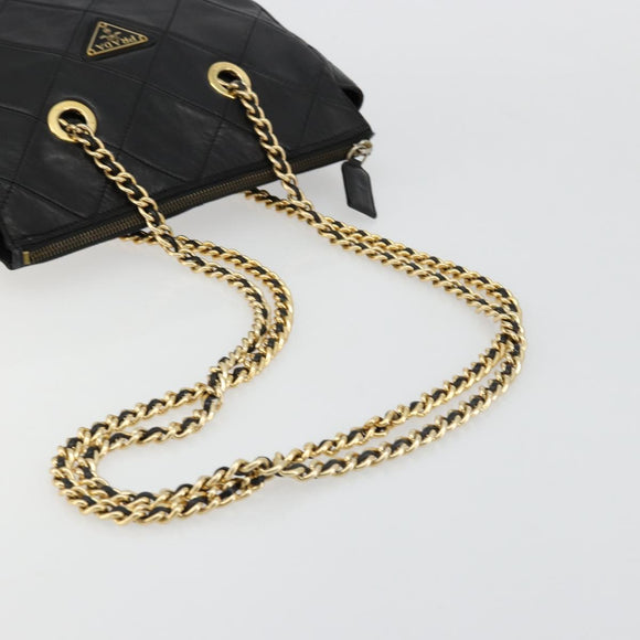 PRADA Quilted Chain Shoulder Bag Lamb Skin Black Gold Auth 119692