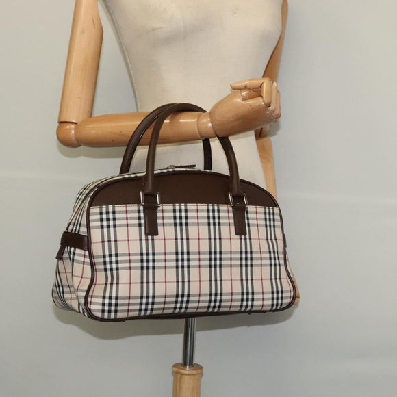 BURBERRY Nova Check Hand Bag Canvas Beige Silver Auth 119702A