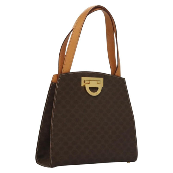 CELINE Macadam Canvas Hand Bag PVC Leather Brown Gold Auth 119974