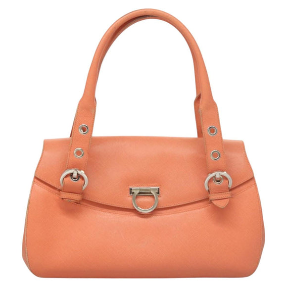 Salvatore Ferragamo Gancini Hand Bag Leather Orange Silver Auth 119985