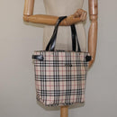 BURBERRY Nova Check Blue Label Tote Bag Canvas Beige Silver Auth 119986-23