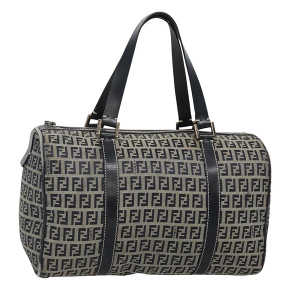 FENDI Zucchino Canvas Boston Bag Navy Silver Auth 120038