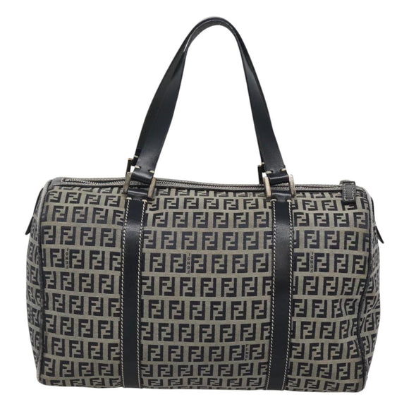 FENDI Zucchino Canvas Boston Bag Navy Silver Auth 120038